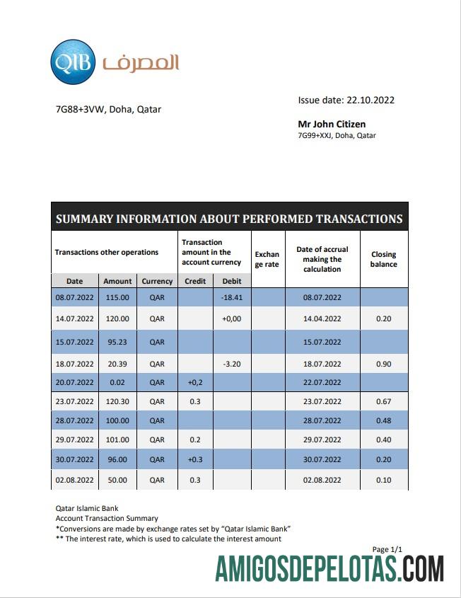 Exemplo de extrato bancário islâmico do Qatar Qatar